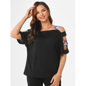 

Printed Panel Ladder Cutout Loose Tee, Black