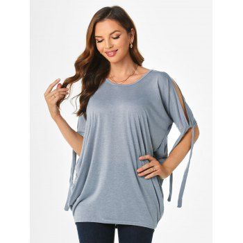 

Cold Shoulder Cutout Tie Oversized Tunic T-shirt, Gray