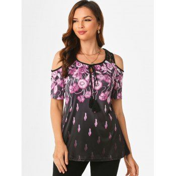 

Floral Print Lace Insert Cold Shoulder T Shirt, Multicolor