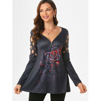 

Zip Placket Rhinestone Caged Floral Flame Print T Shirt, Black