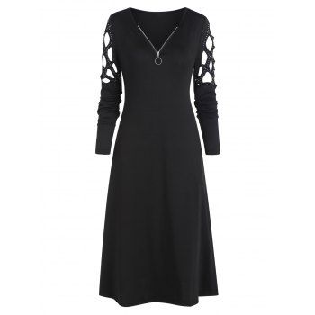 

Rhinestone Caged Sleeve O Ring Zip Dress, Black