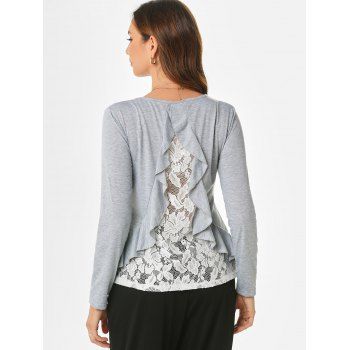 

Lace Insert Ruffle T Shirt, Light gray