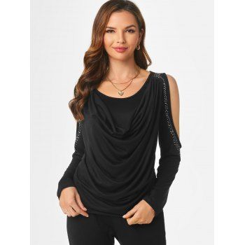 

Rhinestone Embellished Cold Shoulder Cowl Front T Shirt, Black