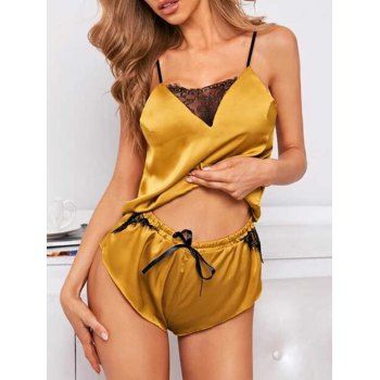 

Lace Insert Bowknot Pajama Short Set, Deep yellow