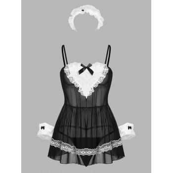 Lace Mesh Bowknot Maid Costume Lingerie Set dresslily imagine noua 2022