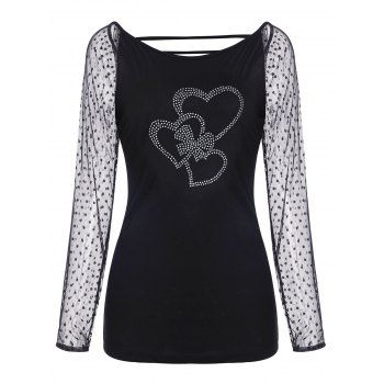 Rhinestone Heart Lace Raglan Sleeve T Shirt, White