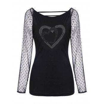 

Rhinestone Heart Lace Raglan Sleeve T Shirt, Black