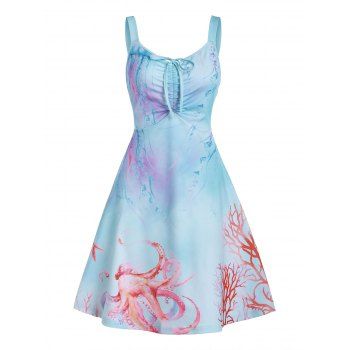 

Marine Life Octopus Print Cinched Tie Cami Sundress, Light blue