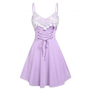 

Summer Lace Up Floral Pattern Corset Waist Applique Slip Mini Dress, Light purple