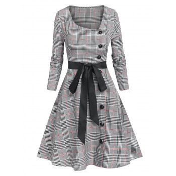 

Vintage Plaid Belted Bowknot Skew Collar A Line Dress, Gray