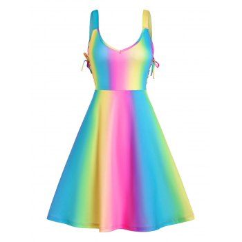 

Ombre Rainbow Pastel Lace Up A Line Cami Dress, Multicolor