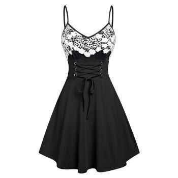 

Summer Lace Up Floral Pattern Corset Waist Applique Slip Mini Dress, Black