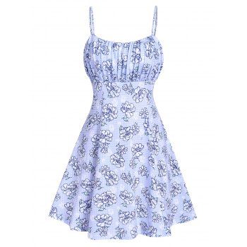 

Vacation Sunflower Print Sundress Ruched Summer Cami A Line Dress, Light blue