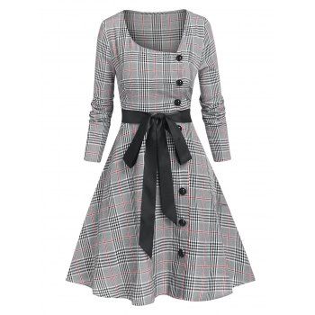 

Skew Neck Plaid Fit and Flare Dress, Gray