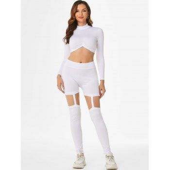 

High Collar Ruched Cut Out Leggings Set, White