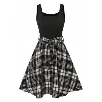 

Ribbed Plaid Belted Skater Dress, Black