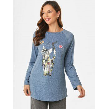 

Raglan Sleeve Cat Butterfly Heart Graphic Tunic Tee, Light blue