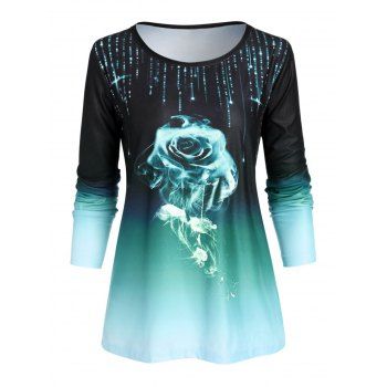 

Rose Print Ombre Color T-shirt, Deep green