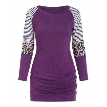 

Striped Leopard Raglan Sleeve Mock Button T Shirt, Purple