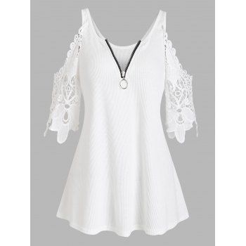 

Crochet Insert Open Shoulder O Ring Zip T Shirt, White