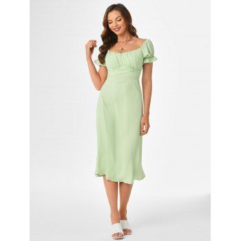 

Off The Shoulder Puff Sleeve Back Tie Dress, Light green