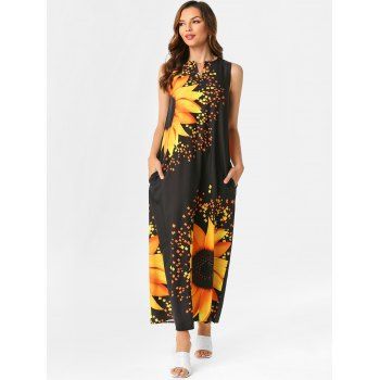 

Sleeveless Sunflower Print Maxi Summer Dress, Black