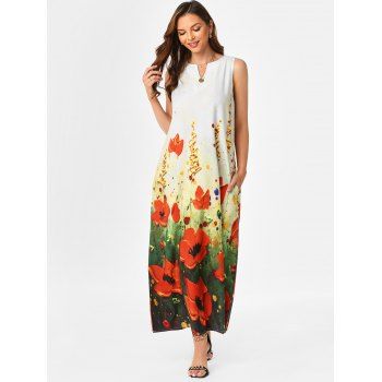 

Sleeveless Floral Print Trapeze Maxi Dress, White