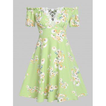 

Floral Print Ruffled Off The Shoulder Mini Dress, Light green