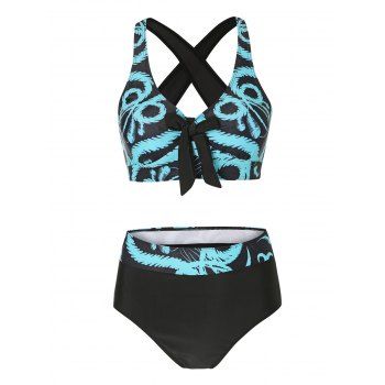 

Printed Criss Cross Swimsuit High Waisted Tummy Control Tankini Swimwear, Blue