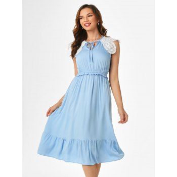 

Crochet Overlay Frilled Tie Collar Midi Dress, Light blue
