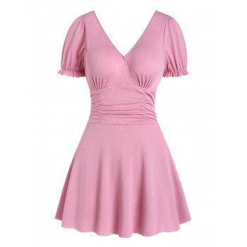 

Textured Ruched Puff Sleeve Skirted One-piece Swimsuit, Light pink