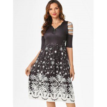 

Star Snowflake Print Sparkly Tapes Ladder Cut Zipper Dress, Black