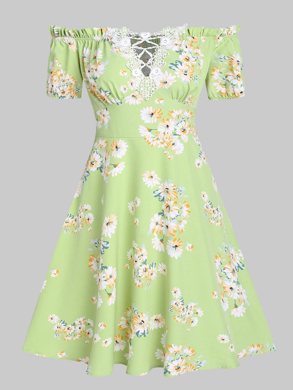 Floral Print Ruffled Off The Shoulder Mini Dress - LIGHT GREEN M