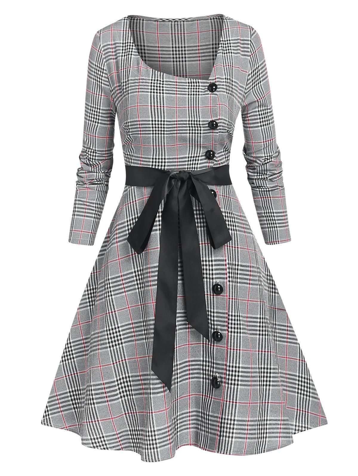 Skew Neck Plaid Fit and Flare Dress - GRAY L