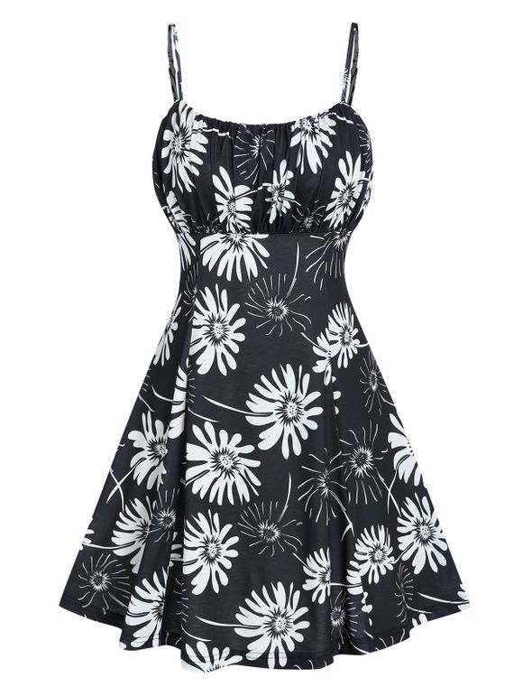 Robe d'Eté Ligne A de Vacance à Imprimé Tournesol à Bretelle à Volants - Blanc S