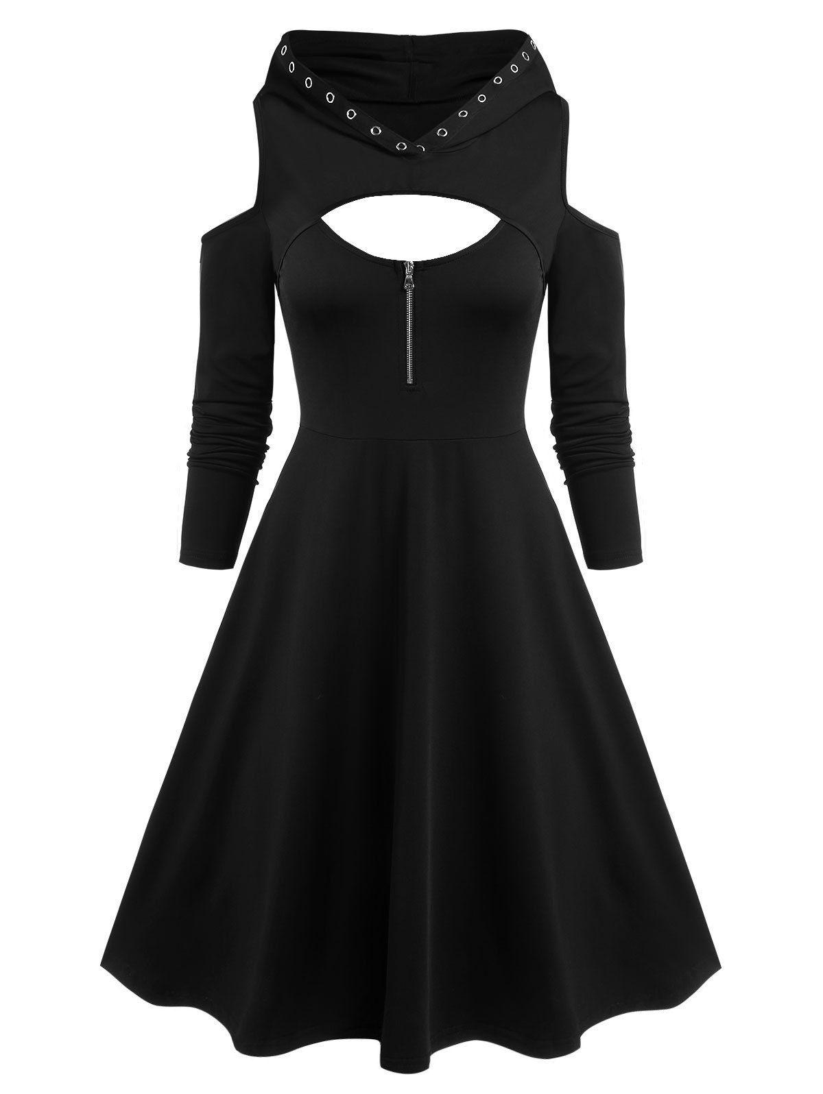 Cutout Hooded Eyelet Cold Shoulder Dress - BLACK L