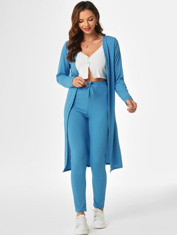 Ribbed Open Front Cardigan and Bowknot Pants Set - BLUE M