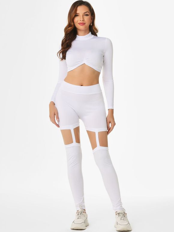 High Collar Ruched Cut Out Leggings Set - WHITE S