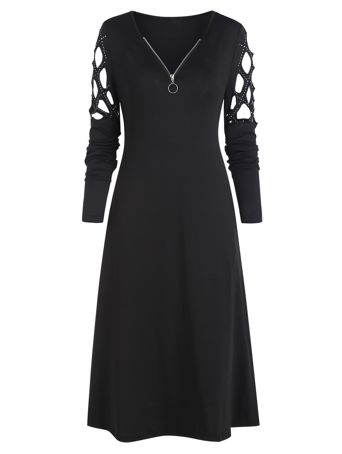 Rhinestone Caged Sleeve O Ring Zip Dress - BLACK XL