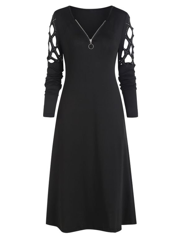 Robe Découpée Anneau en O Zippée avec Strass à Manches Longues - Noir XL