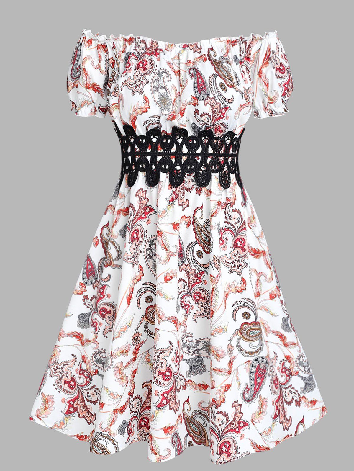 Bohemian Off Shoulder Paisley Print Applique Insert Frilled Dress - multicolor L