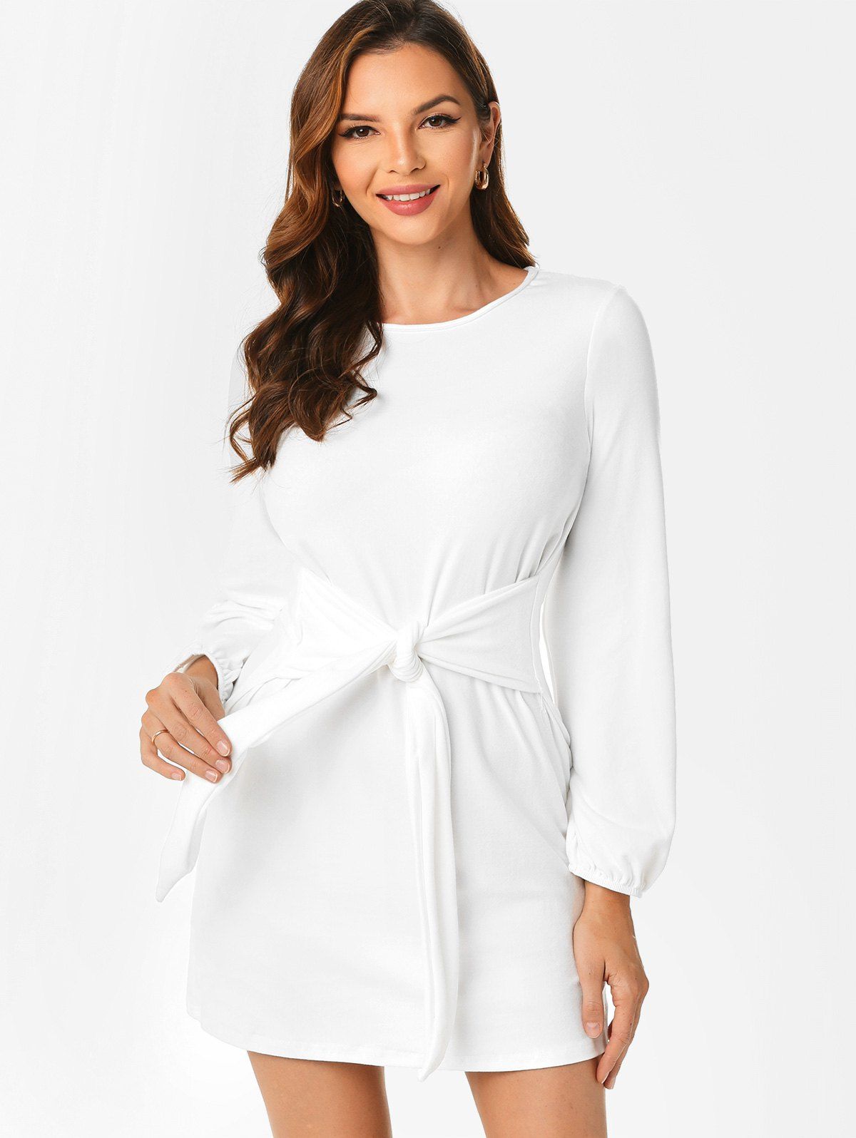 Fleece Belted Mini Sheath Dress - WHITE L