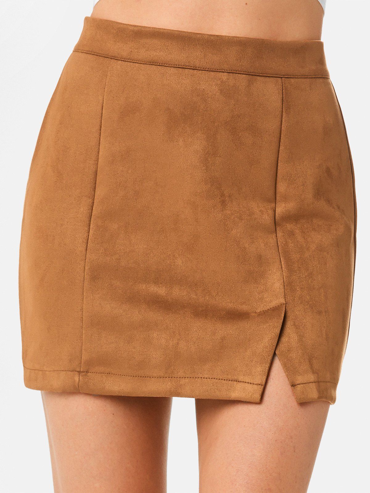 Faux Suede Slit Mini Skirt - COFFEE XL