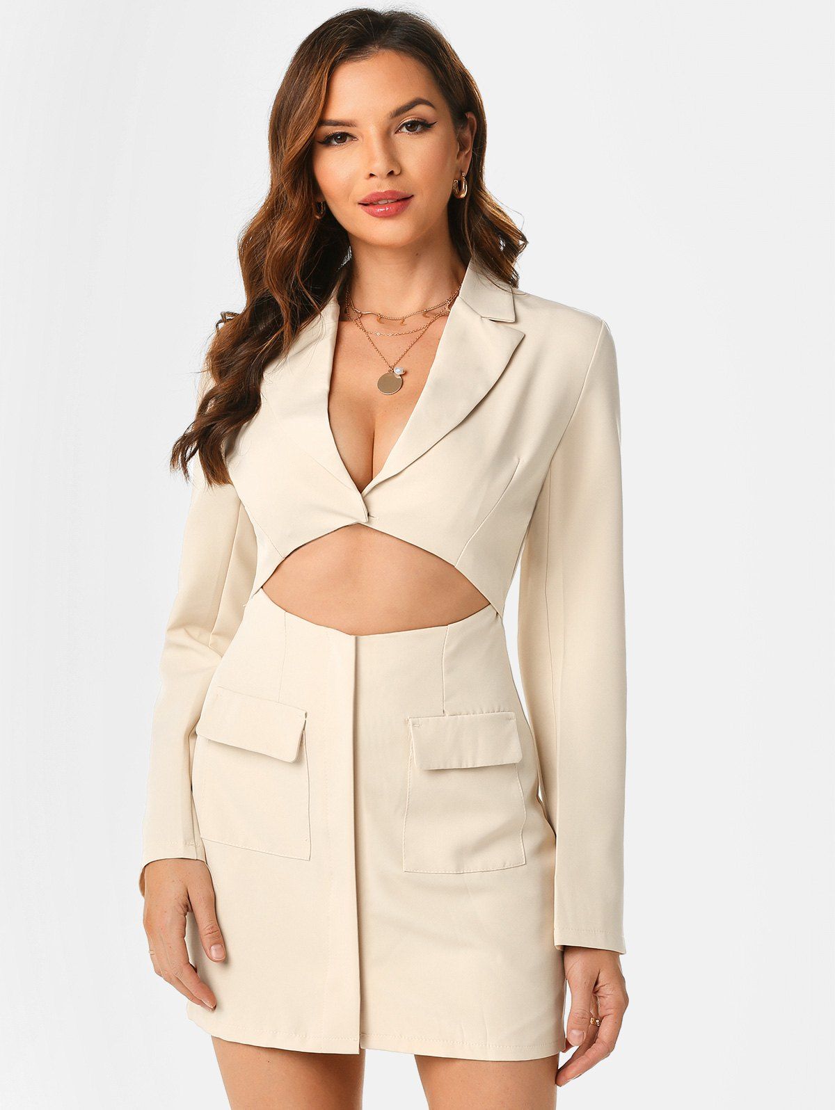 Lapel Cut Out Double Pockets Blazer Dress - WARM WHITE L