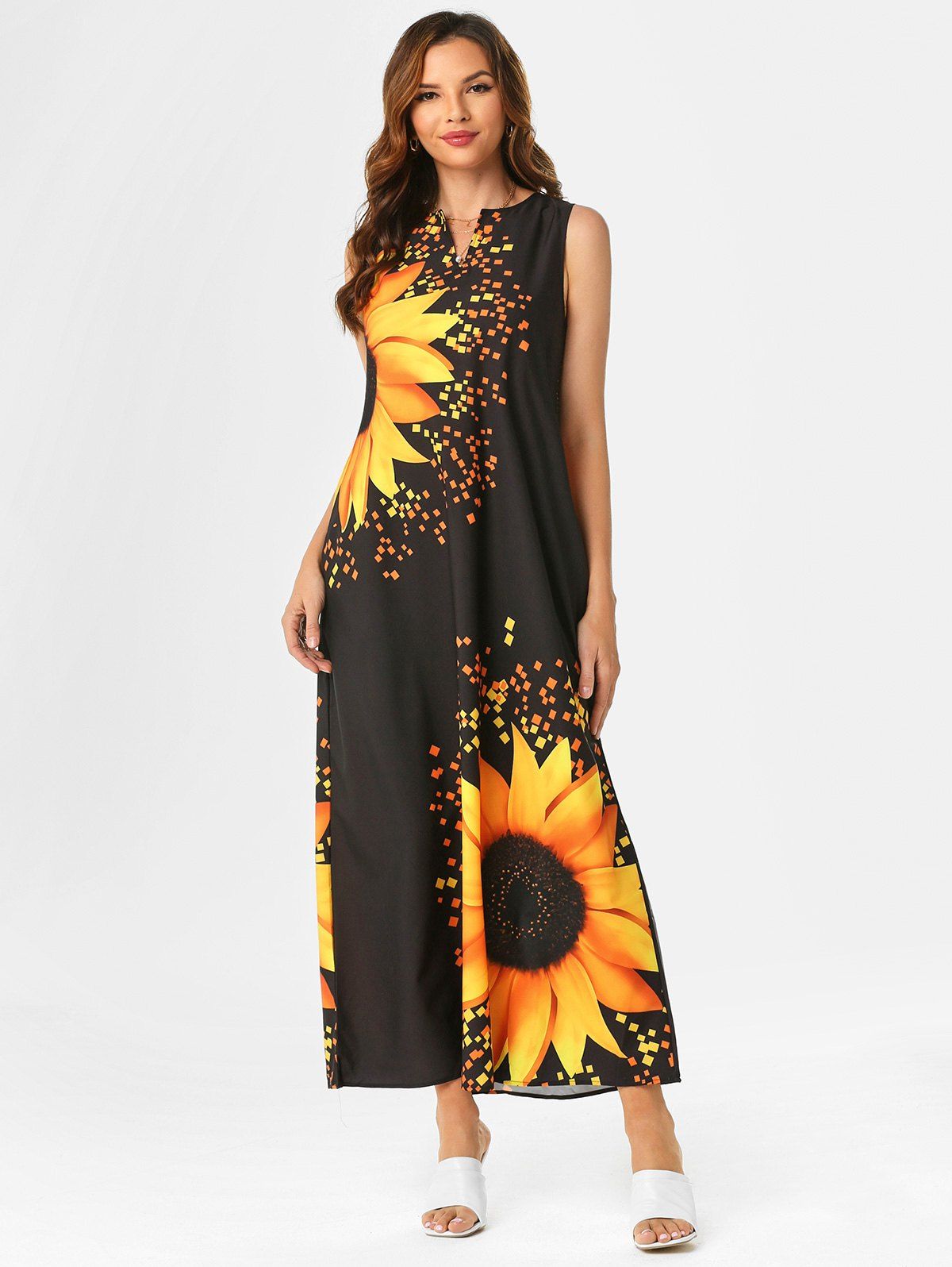 Sleeveless Sunflower Print Maxi Summer Dress 