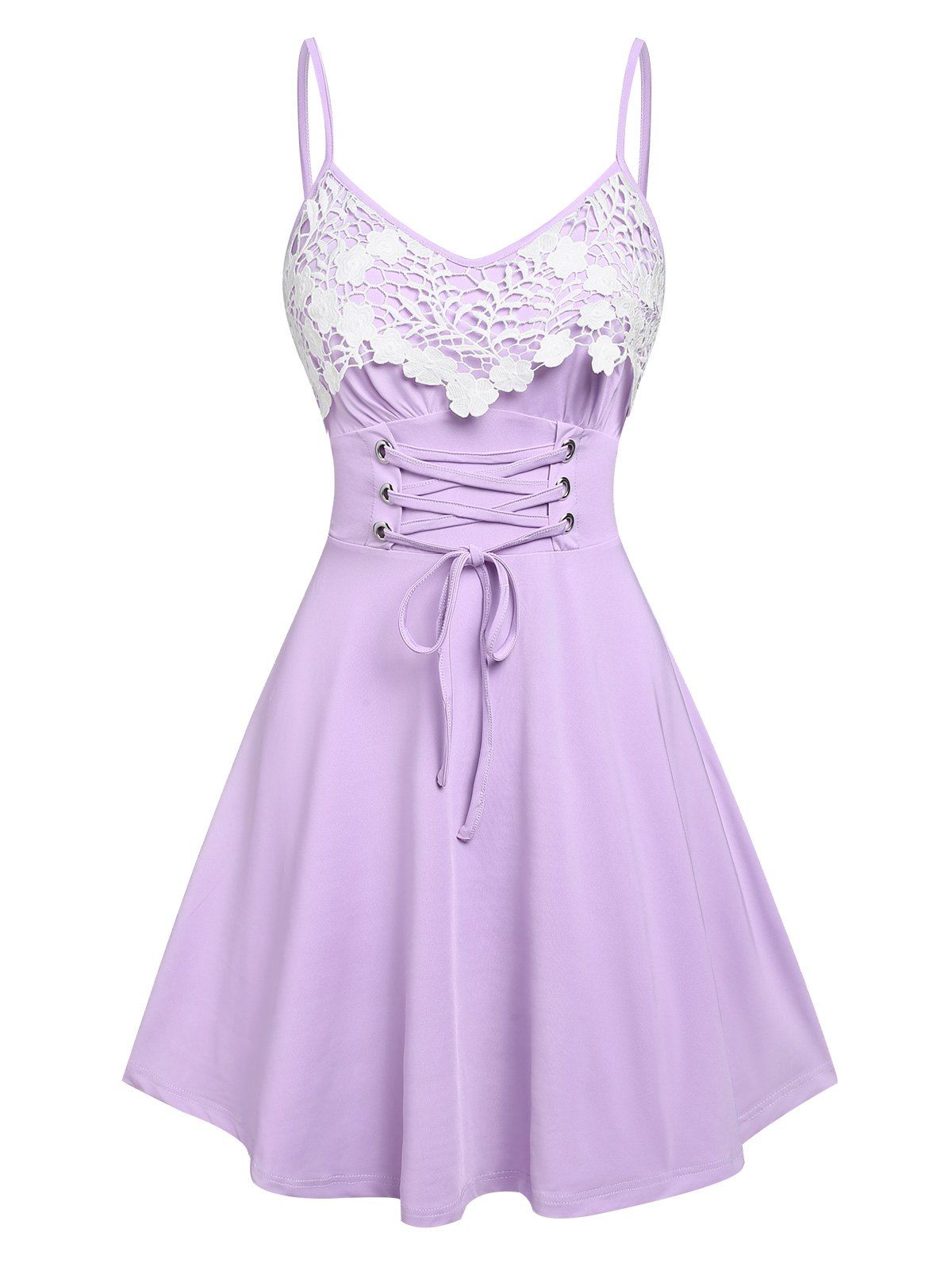 Summer Lace Up Floral Pattern Corset Waist Applique Slip Mini Dress - LIGHT PURPLE XXXL