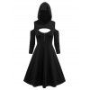 Cutout Hooded Eyelet Cold Shoulder Dress - BLACK XXL