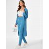 Ribbed Open Front Cardigan and Bowknot Pants Set - BLUE L