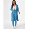 Ribbed Open Front Cardigan and Bowknot Pants Set - BLUE L