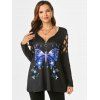 Floral Butterfly Print Rhinestone Caged Zipper T Shirt - multicolor L